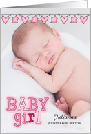 Pink Hearts and Stars Birth Announcement Vertical Baby’s Photo card