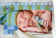 Blue Hearts and Stars Birth Announcement with Baby’s Photo card