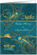 Peacock Wedding Invitation in Teal and Gold Custom card
