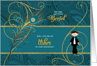 Usher Request for Wedding Party Atttendant in Teal Peacock card