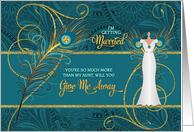 Aunt Walk with Me Peacock Wedding Request Teal and Gold card