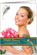 Peacock Bridal Shower Invitation in Teal and Gold with Custom Photo card