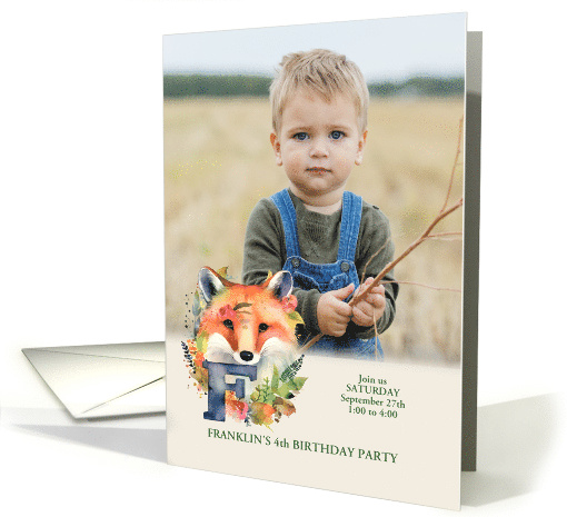 Letter F Birthday Party Invitation Woodland Fox with Boy's Photo card