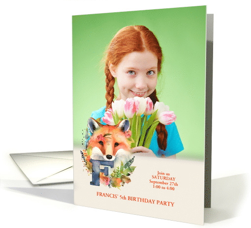 Letter F Birthday Party Invitation Woodland Fox with Girl's Photo card