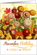 November Birthday Chrysanthemums with Autumn Leaves card