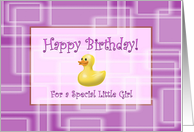 Happy Birthday for a Little Girl, Pink Geometric Pattern and Duck Toy card