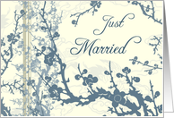 Blue and Beige Floral Just Married Announcement Card