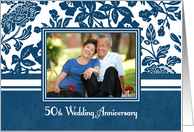50th Wedding Anniversary Party Invitation Photo Card - Blue Floral card