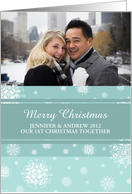 Couple’s First Christmas Together Photo Card - Teal White Snowflakes card