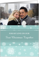 Our First Christmas Together Photo Card - Teal White Snowflakes card