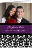 Just Married Photo Card - Purple Black Damask card