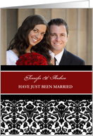 Just Married Announcement Photo Card - Red Black Damask card
