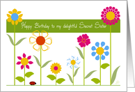 Happy Birthday Delightful Secret Sister, Perky Stick Flowers in a Row, card