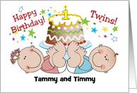 Custom Name Birthday for twins, boy, girl, cake, stars card