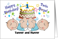 Custom Name Twin Boys’ 1st Birthday, cake card