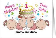 Custom Name Twin Girls’ 1st Birthday, cake card