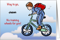 Custom Name Congrats, boy riding bike w/o training wheels card