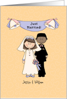Just married, caucasian bride/African-American groom card