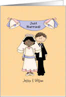 Just married, African-American bride/caucasian groom card