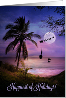 Paradise Happy Holidays Tropical Sailboat, Dolphin Palm Trees &Santa card