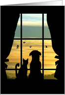 We Miss You Dog and Cat in Window at Sunset With Birds card