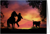 cowboy and Horse Roping a Steer in the Sunset Cool Birthday card