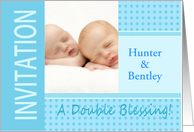 Twin Boys Blue Christening Invitation Dots and Stripes Photocard card