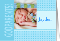 Boy Blue Godparents Invitation In Dots and Stripes Photocard card
