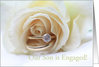 engagement of son announcement - white rose and ring card