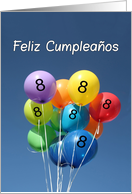 8th Spanish Birthday, Feliz Cumpleaos, Colored Balloons in Blue Sky. card
