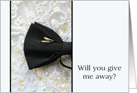 Give me away request Bow tie and rings on wedding dress card