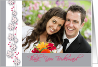 Thank you for being bridesmaid photo card in gray and pink card