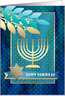 Happy Hanukkah. Menorah, Olive Branches and Star of David card