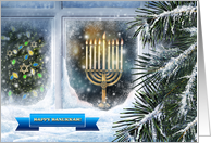 Happy Hanukkah. Snow Scene with Menorah card