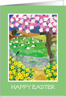 Easter Greetings with Spring Landscape and Sheep card