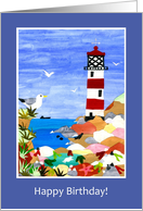 Birthday Greetings with Lighthouse and Coastal Scene card