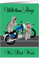 Announcement, Just Married, motorcycle theme, Two cute raccoons card