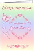 Congratulations on Getting First Period with Pink Hearts and Butterfly card