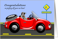 Congratulations, paying off car loan, Raccoon Driving A Red Car card
