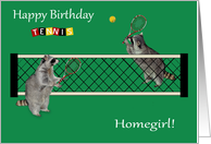 Birthday to Homegirl, Raccoons playing tennis with tennis rackets, net card