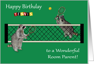 Birthday to Room Parent, Raccoons playing tennis with tennis rackets card