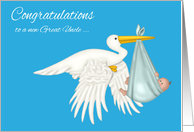 Congratulations on becoming Great Uncle, grandnephew, stork with baby card