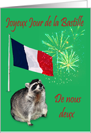 Bastille Day from Both Of Us, French, raccoon wearing beret, fireworks card