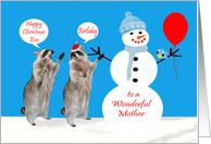 Birthday on Christmas Eve to Mother, Raccoons with snowman, blue card