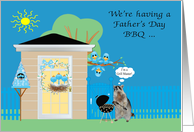 Invitations, Father’s Day Barbecue, Raccoon grilling, birds on blue card
