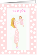 New baby adoption announcement, mum holding up baby girl card