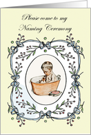 Invitation to Naming Ceremony.for boy, vintage.drawing of baby in tub. card