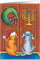 Doggies at the Door with Wreath and Menorah card