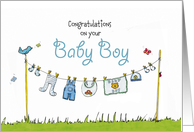 Congratulations on your Baby Boy - Cute Clothesline with Babyclothes card