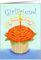 Girlfriend, Happy Birthday ,Orange Flower Cupcake with Candle card